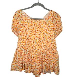 Torrid Orange Floral Gauze Crinkle Criss Cross Back Peplum Top Plus Size 1